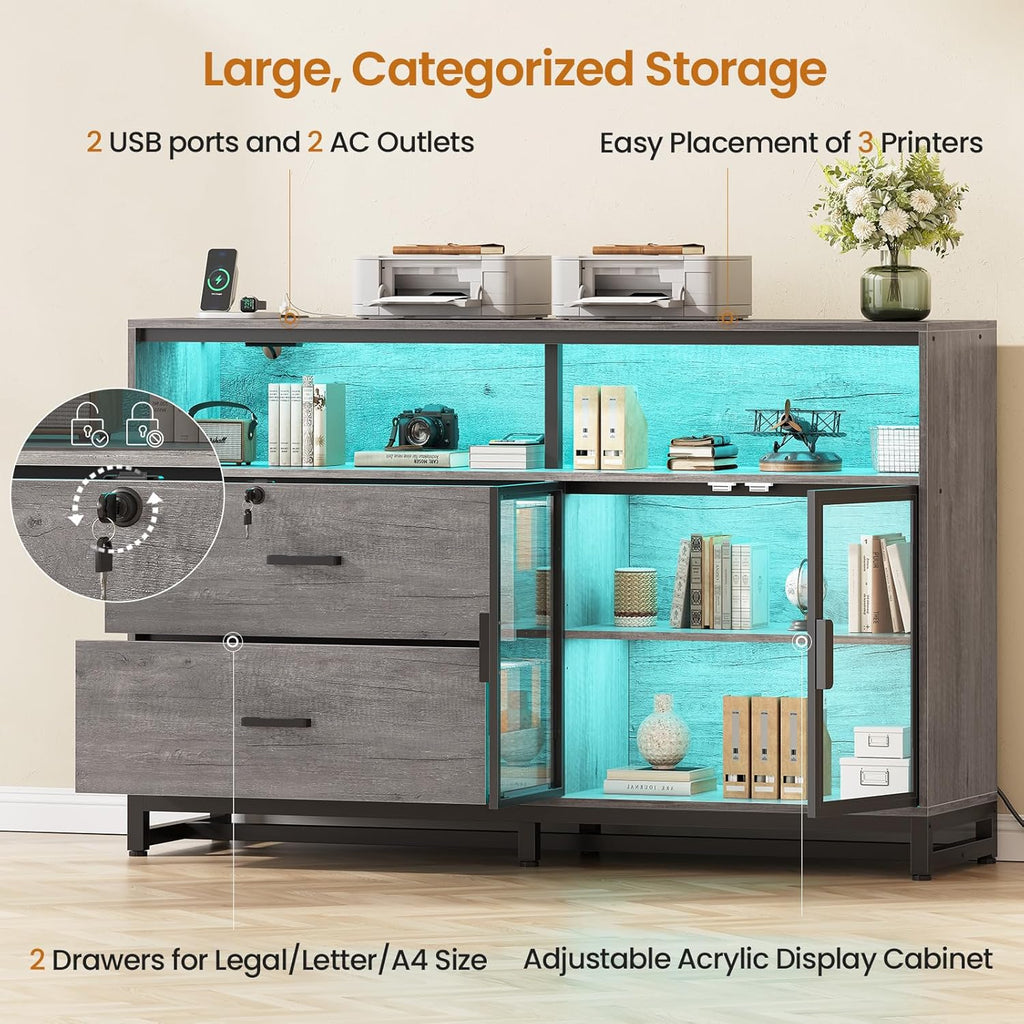 SEDETA 59' File Cabinet, 2 Drawers Filing Cabinets for Home Office fit Legal/Letter/A4 File, File Cabinet with Lock & Power Outlets, Printer Stand with Storage & LED Lights, Grey