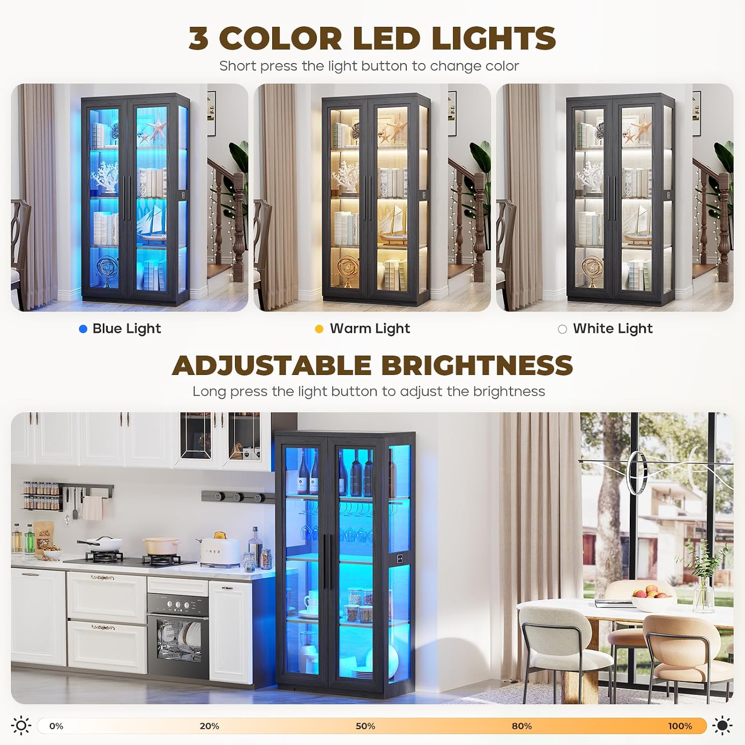 BROTTAR Curio Cabinet with Glass Doors, Bookcase with 4 Shelves, Display Cabinets for Collectibles, China Cabinet with 3 Color LED Lights and Human Body Sensing, Buffer Hinge, Black