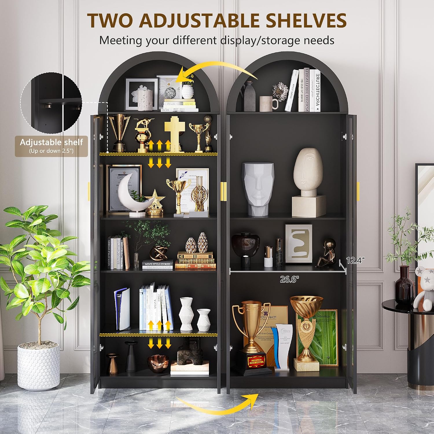 FREDEES Arch Display Cabinet with Doors, 76' Tall Display Case with Adjustable Shelves/3 Colors LED Lights, 6 Tier Bookcase for Collectibles Bedroom Living Room Office, Black