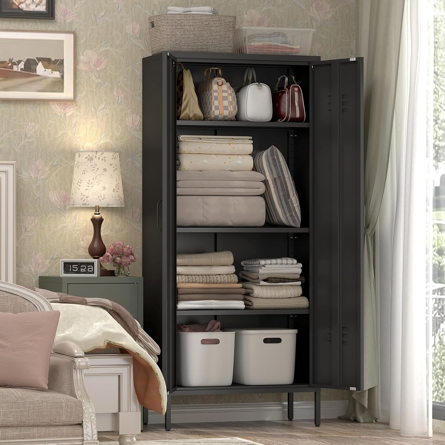 IRONFFICE Storage Cabinet,Metal Cabinets with Doors and Shelves,2 Door Metal Storage Cabinets with Legs,Black Tall Cabinet for Home Office,Utility Room