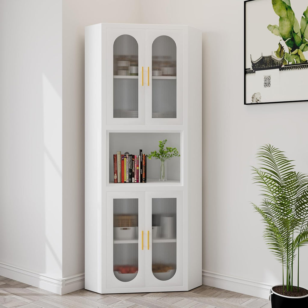 GAIOUS 63.6' Farmhouse Corner Cabinet, Tall Metal Pantry Storage Cabinet with 4 Acrylic Glass Doors & 1 Open Bar Shelf, Corner Cupboard for Kitchen Bathroom Living Room Bedroom Hallways (White)