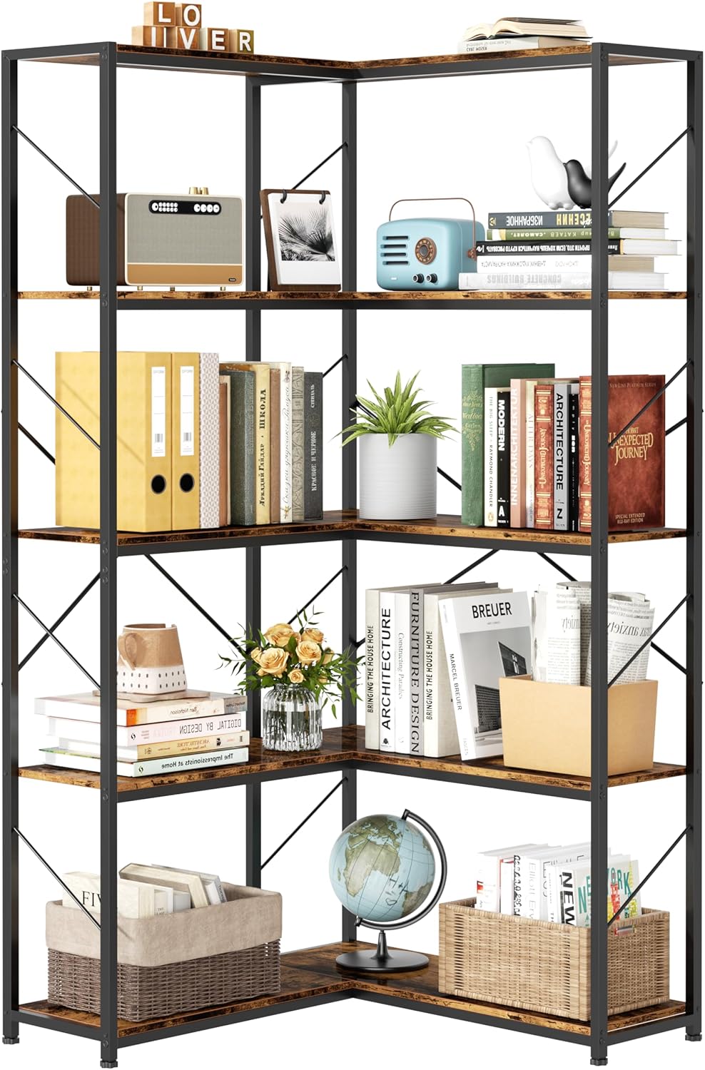 5 Tiers Corner Bookshelf, L-Shaped Bookcase Storage Organizer, Display Shelf Free Standing Book Shelf for Home Office, Living Room, Kitchen, Bedroom, Rustic Brown