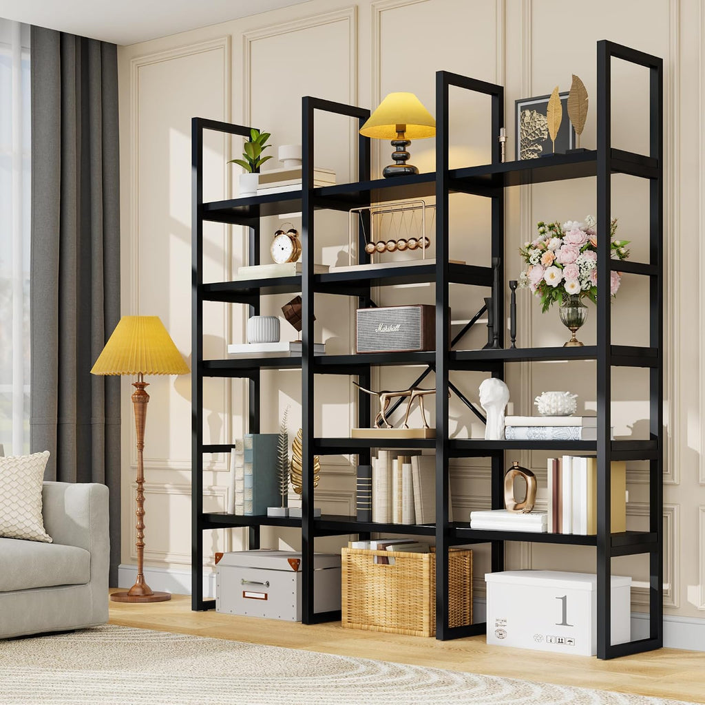 Large Bookshelf 5 Tiers, Triple Wide Geometric Bookcase, 71 Inches Tall Industrial Book Shelves Etagere Book Case, Sturdy Metal Frame, Freestanding Display Shelving Unit (Black)