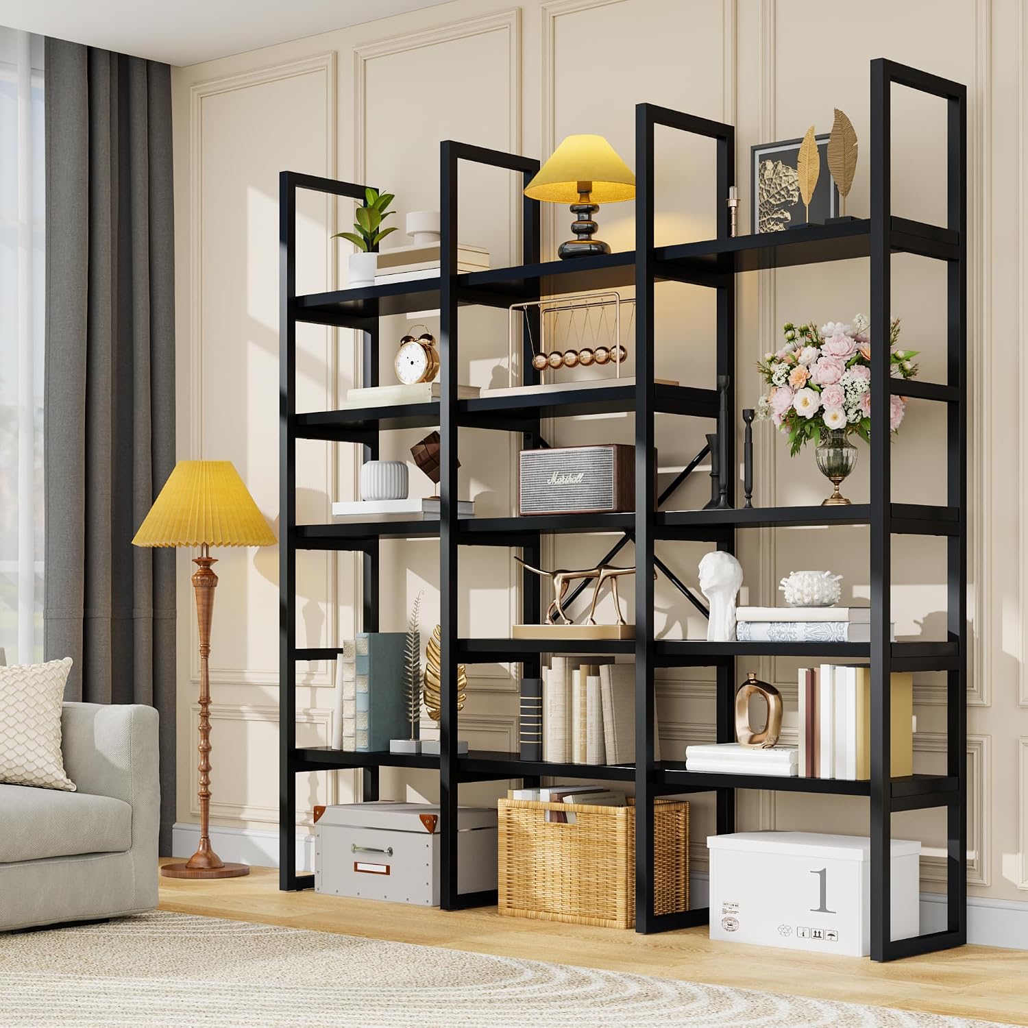 Large Bookshelf 5 Tiers, Triple Wide Geometric Bookcase, 71 Inches Tall Industrial Book Shelves Etagere Book Case, Sturdy Metal Frame, Freestanding Display Shelving Unit (Black)