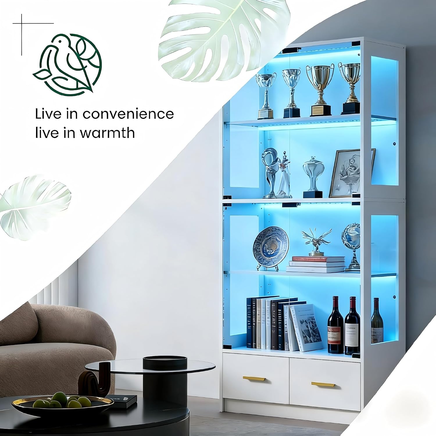 Lamtor Display Cabinet with Glass Doors - 67' Curio Cabinet for Collectibles with RGB LED Lights and 2 Drawers, 4 Tier Glass Display Case for Living Room, Office, White