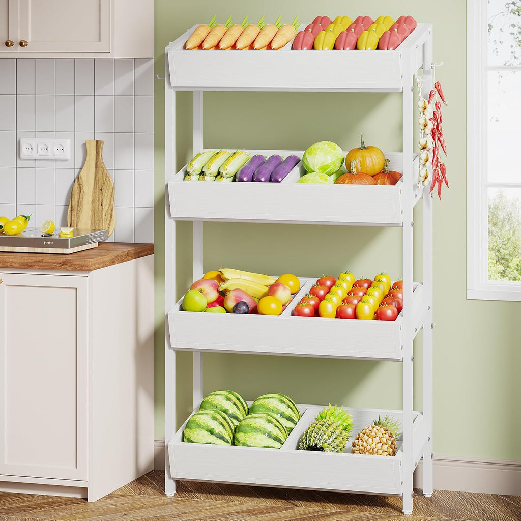 Tribesigns Wood Fruit and Vegetable Basket Stand Rack for Kitchen, Office, Store, Supremarket, Pantry Shelf Unit for Snacks, 4-Tier Wooden Utility Storage Shelves (White)