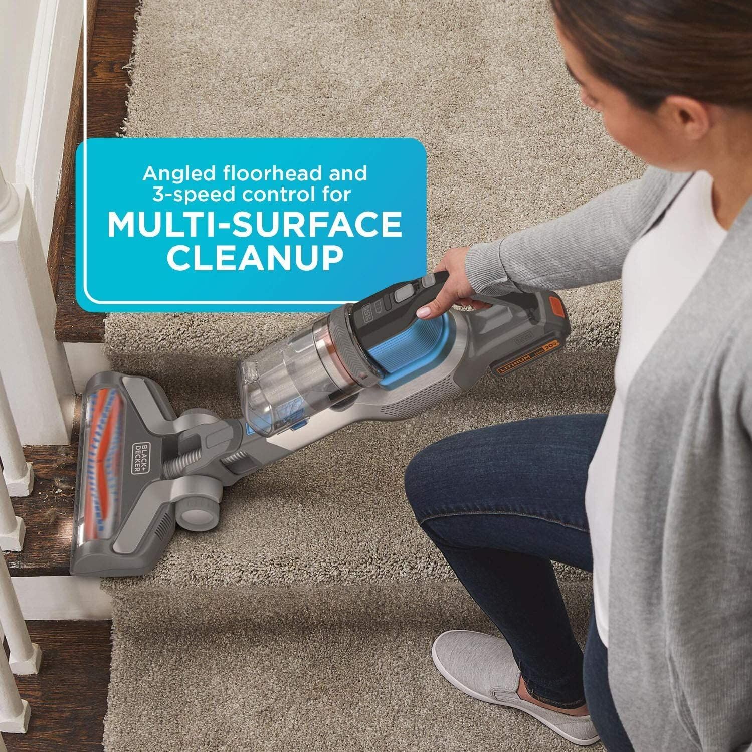 BLACK+DECKER Cordless Vacuum, Powerseries Extreme, Stick Vacuum Cordless Rechargeable, Interchangeable Floorhead with Crevice Attachment, 3 Speed Control, Lightweight, Blue (BSV2020G)