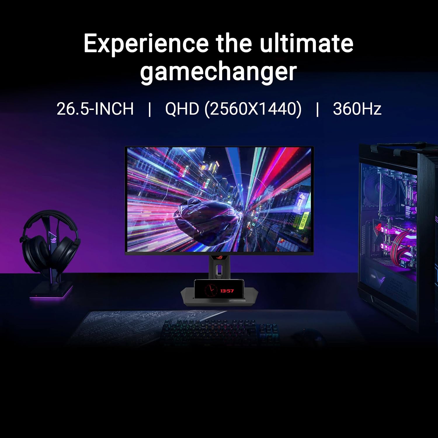 ASUS ROG Strix 26.5' 1440P QD-OLED Gaming Monitor (XG27ACDNG) -QHD (2560x1440), 360Hz, 0.03ms, Custom Heatsink, OLED Care+, G-SYNC Compatible, 99% DCI-P3, DisplayWidget, AI Gaming, 3yr Warranty