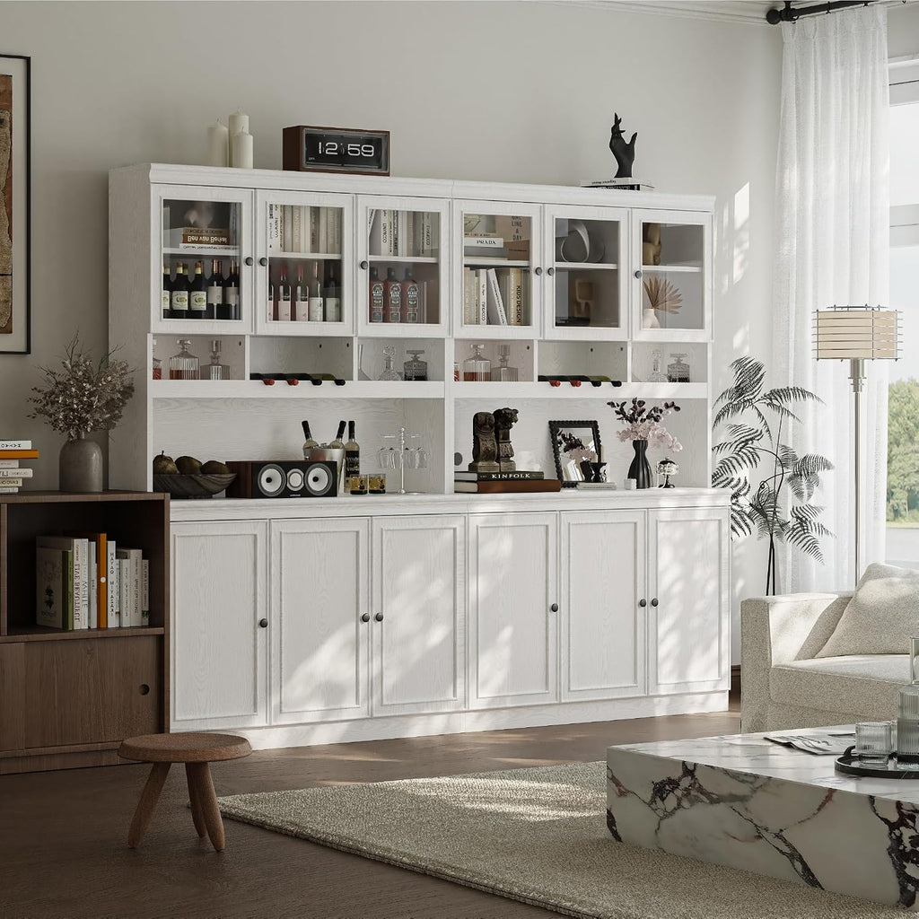 LIKIMIO 74.8' China Cabinet with Glass Doors, Tall Kitchen Pantry, Storage Cabinet with Microwave Stand, 4 Adjustable Shelves, Wine & Glass Station, Modern Display Cabinet for Home Living Room, White