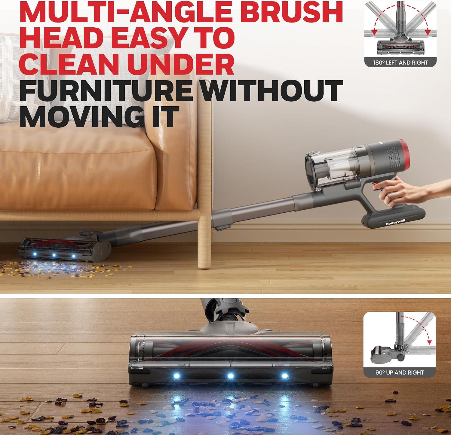 Honeywell Dual Mode Cordless Vacuum Cleaner, Brushless Stick Vacuum Cleaner for Carpet and Hard Floor w/Powerful Suction, Free‑Standing, Anti‑Tangle, 45Mins Runtime, Rechargeable for Home Pet Hair VC6