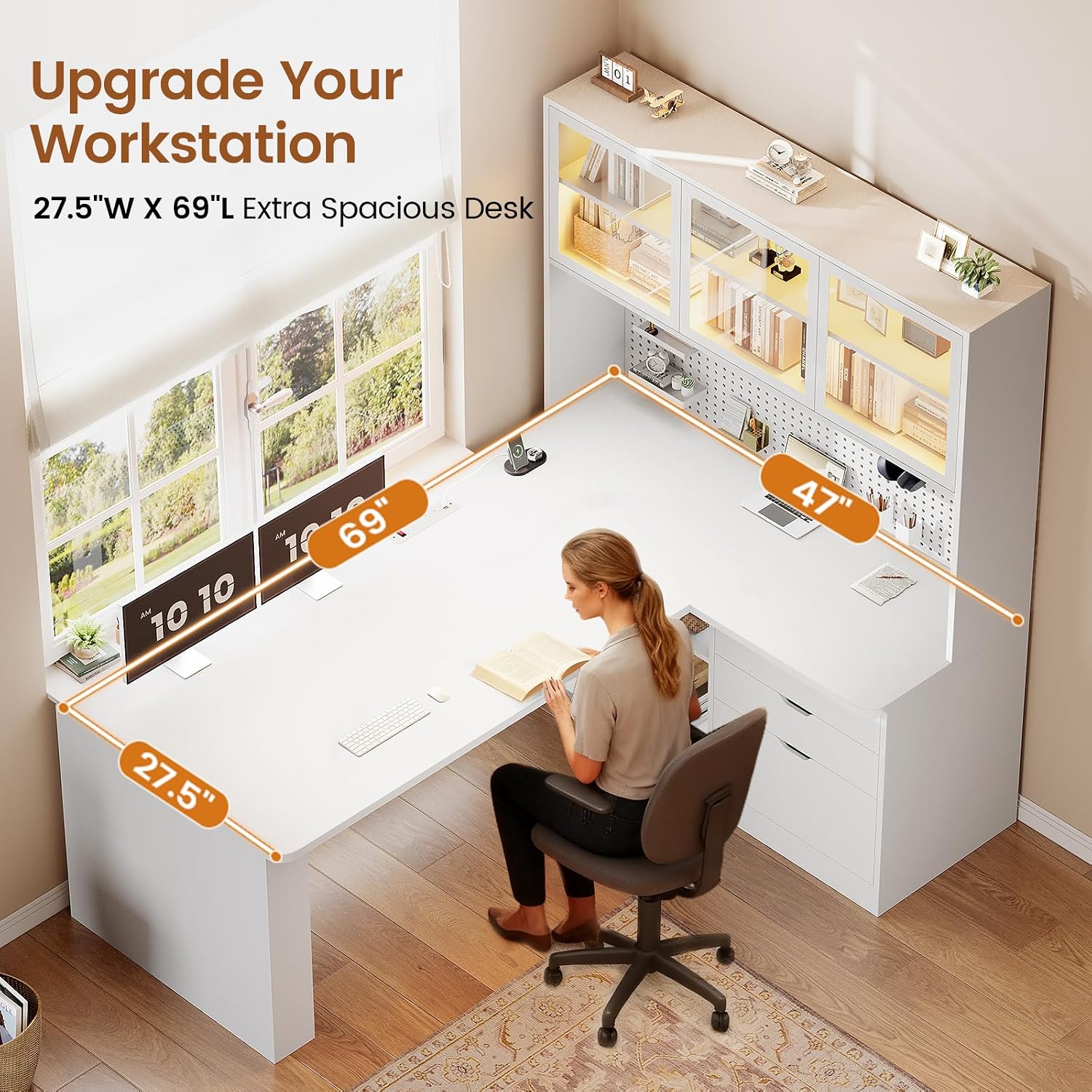 SEDETA L Shaped Computer Desk, L Shaped Corner Gaming Desk with 3 Wood Drawer and Large Bookshelf, Home Office Desk with LED Light, Display Cabinet and Pegboard, 27.5' W Large Desktop Table, White