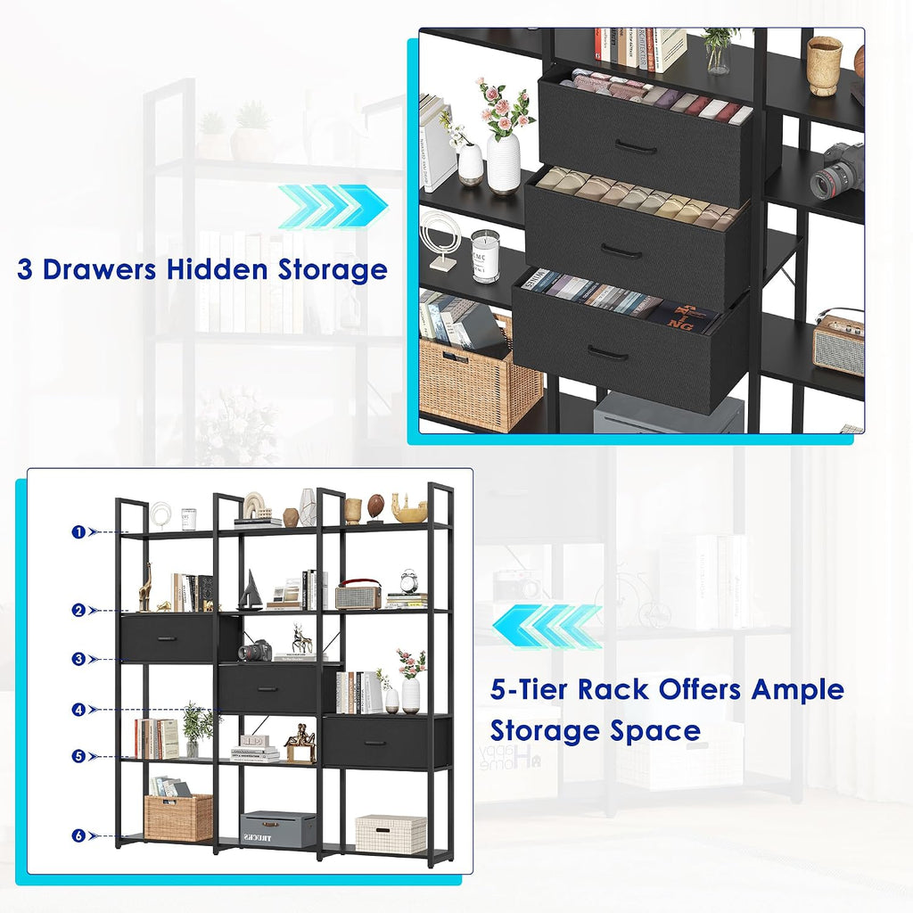 Nosepen 73.6' Tall Bookshelf with 3 Drawers and 16 Storage Shelves, Industrial Bookcase with 16 Open Display Shelves, Large Etagere Bookshelf, Triple Wide Book Shelf Book Case for Home & Office, Black