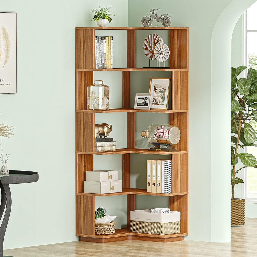 LITTLE TREE 6-Shelf Corner Bookshelf, 65' Tall L Shaped Bookcase, 6-Tier Industrial Corner Shelf Storage Display Rack for Living Room Home Office, Wood Grain Walnut
