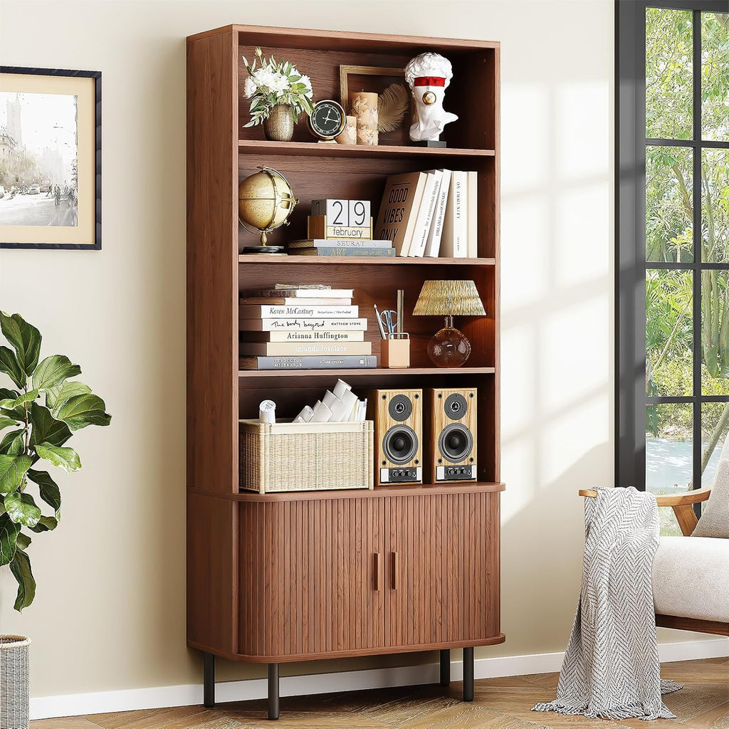 ONBRILL 71' Tall Bookshelf, 4-Tier Bookcase with Storage Cabinet & Adjustable Storage Shelf, Freestanding Wood Bookshelf with Sliding Door and Adjustable Footpad, for Home Office, Living Room, Walnut