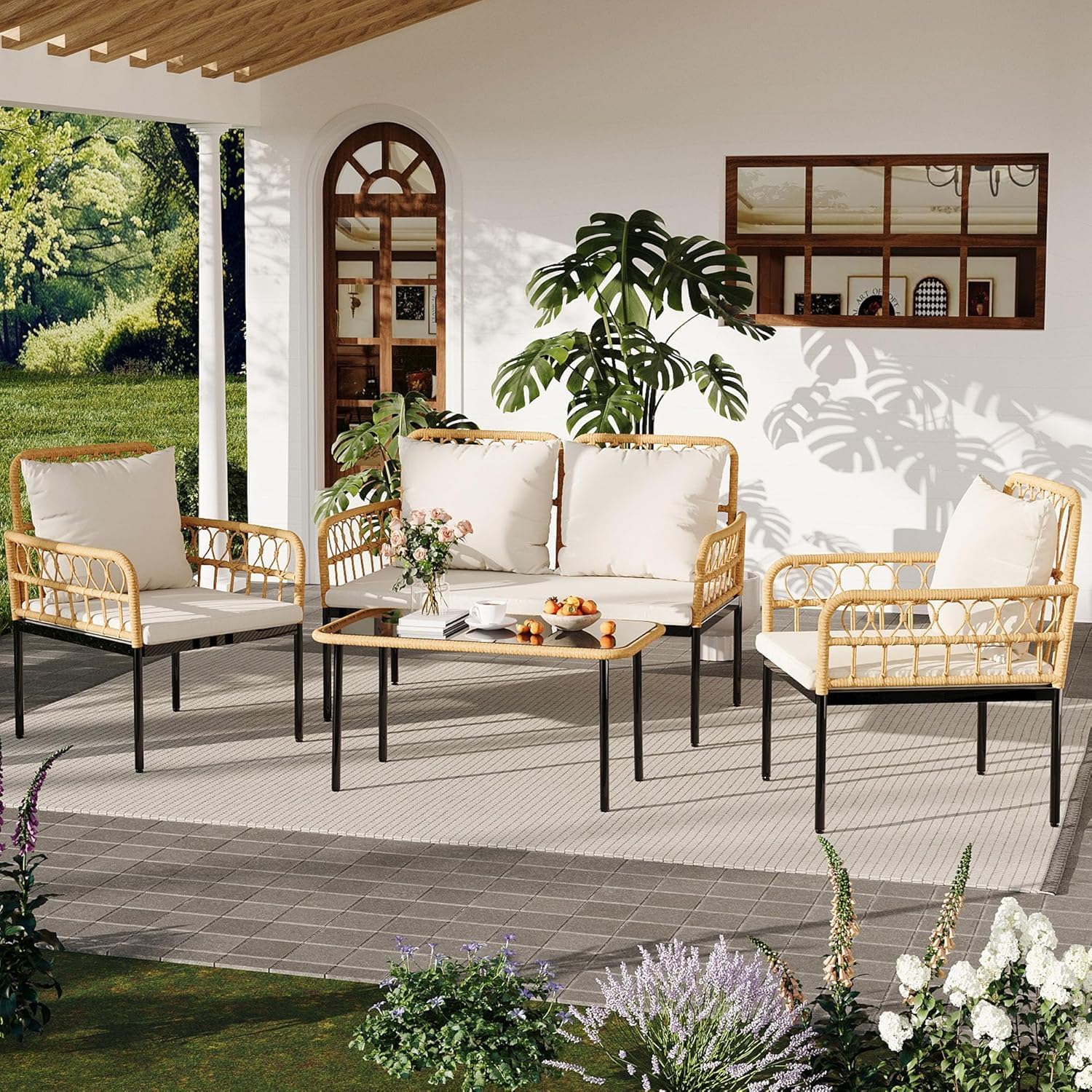 4-Piece All-Weather Rattan Bistro Patio Furniture Set with Deep Seating, Waterproof Thick Cushions, Soft Cushions, and Metal Coffee Table - Ideal for Garden and Porch Outdoor Relaxation