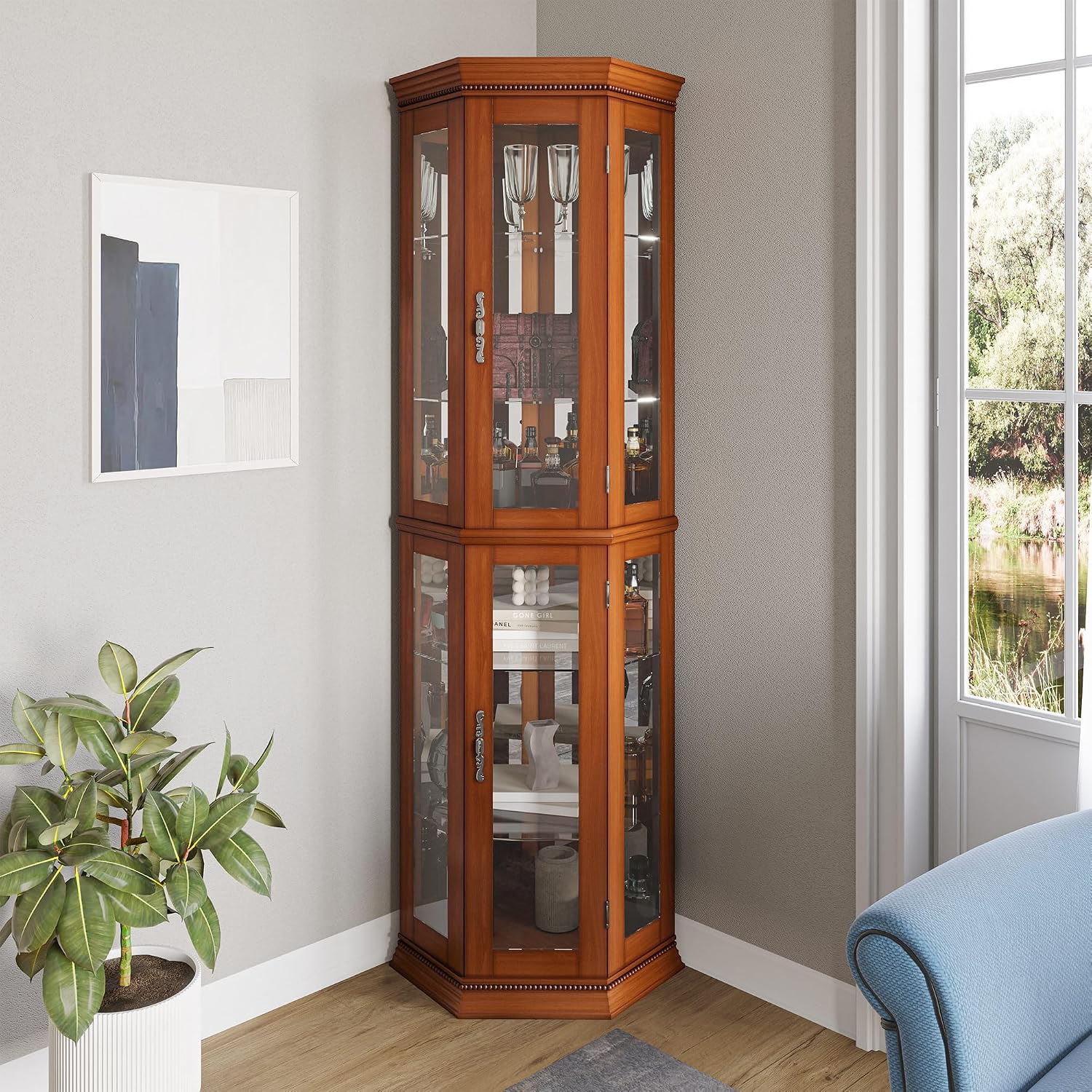 BELLEZE Lighted 3-Side Glass Display Curio Cabinet w/Tempered Glass Doors and Shelves, Accent Wooden Corner Cabinet with Bulb, Corner Storage Decoration Rack for Living Room