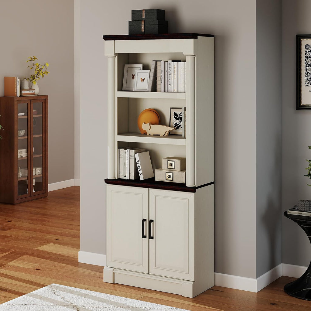72' Roman Column Bookcase with Double Door Cabinet, 5 Tiers Tall Bookshelf Shelves Storage and Anti Tip Kit, Classic American European Modern Multi Style Design for Living Room Study Office, White