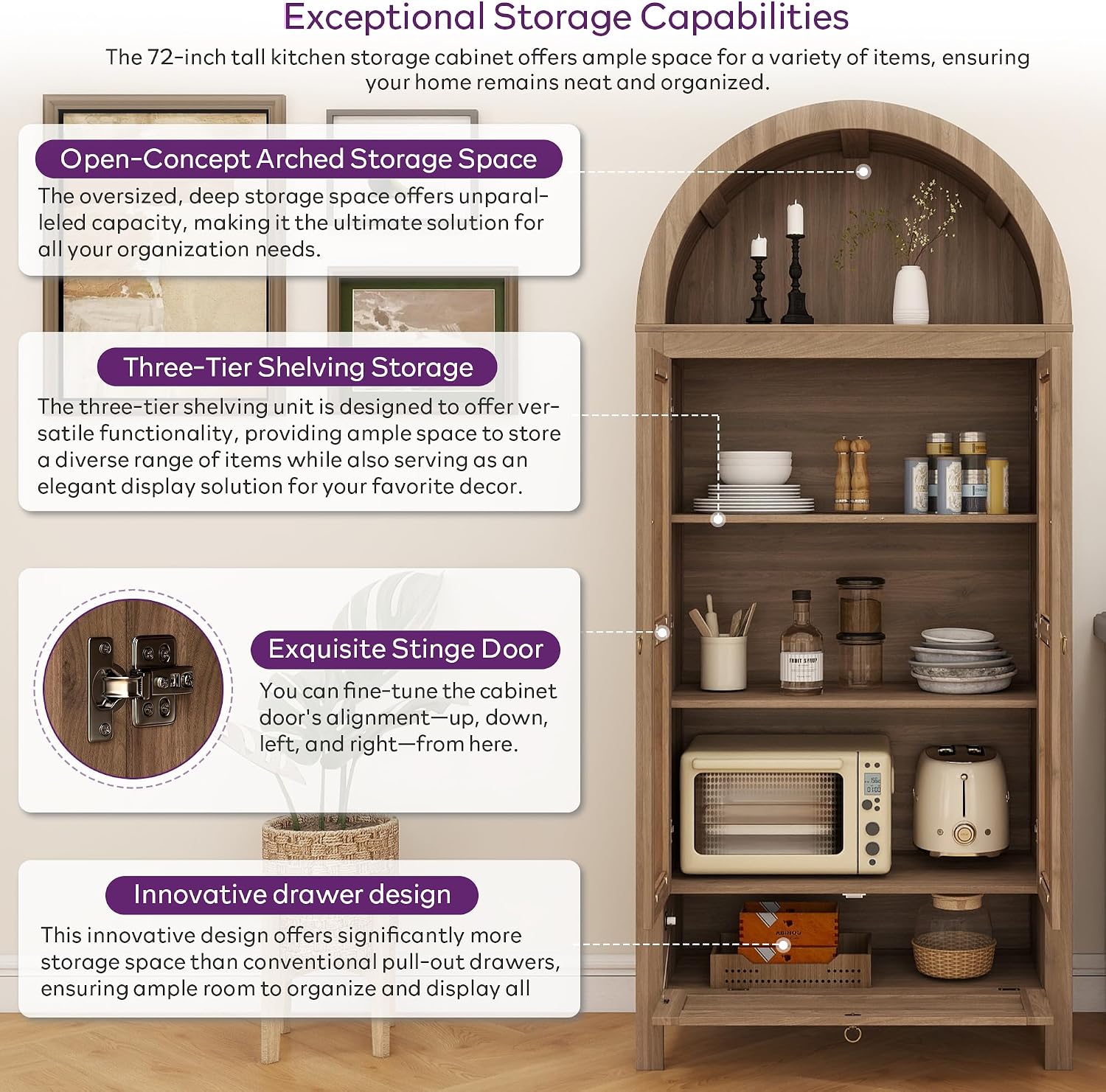 TYBOATLE 71' Tall Arched Pantry Cabinet with Innovative Drawer, Kitchen Cabinet with Anti-Tipping Device and Glass Door, Versatile Cupboard for Kitchen, Dining, Natrual