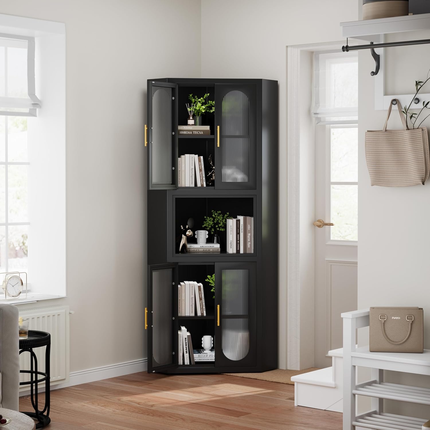 GAIOUS 63.6' Tall Corner Cabinet, Metal Pantry Storage Cabinet with 4 Acrylic Glass Doors & 1 Open Bar Shelf, Farmhouse Corner Cupboard for Kitchen Bathroom Living Room Bedroom Hallways (Black)