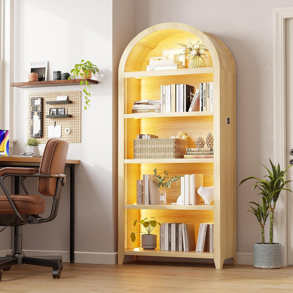 Arched Bookcase - 5 Layers Bookshelf with 3 Colors LED Sensor Lights and Thickened Wooden Design Display Shelf for Lego Books Bathroom Living Room - Ideal Gift (Wood)