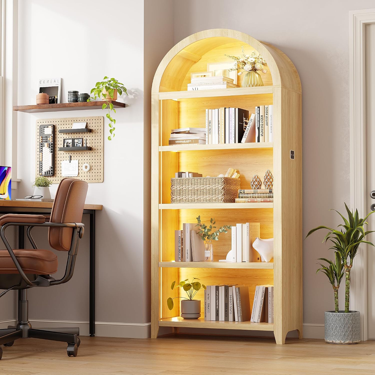 Arched Bookcase - 5 Layers Bookshelf with 3 Colors LED Sensor Lights and Thickened Wooden Design Display Shelf for Lego Books Bathroom Living Room - Ideal Gift (Wood)