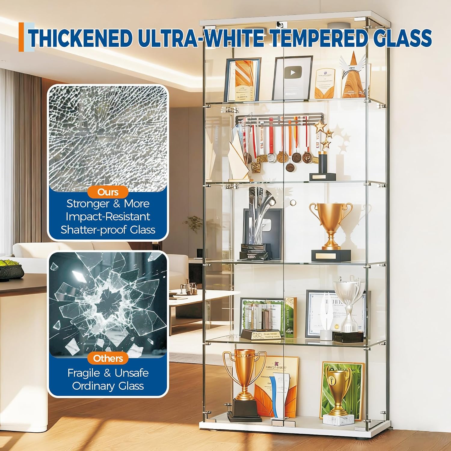 GarveeHome 5 Shelves Display Cabinet, Tempered Glass Curio Showcase with LED Light & Lock, Double Doors Storage Cabinet for Living Room Bedroom Office, White