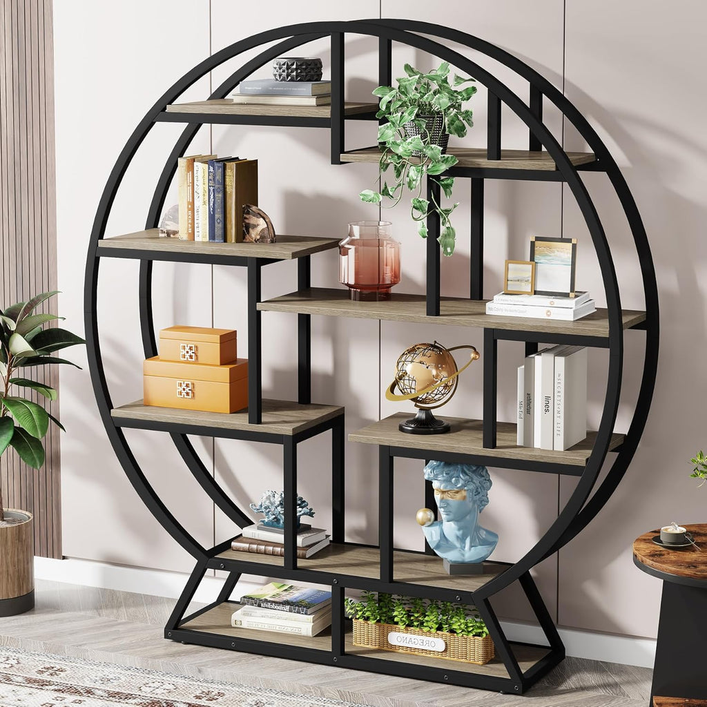 Tribesigns Bookshelf, Round Bookshelves Etagere Bookcase, 63 Inch Industrial Wood Book Shelf with Staggered Shelves, Open Shelving Organizer Rack Display Shelf for Home Office, Living Room, Grey