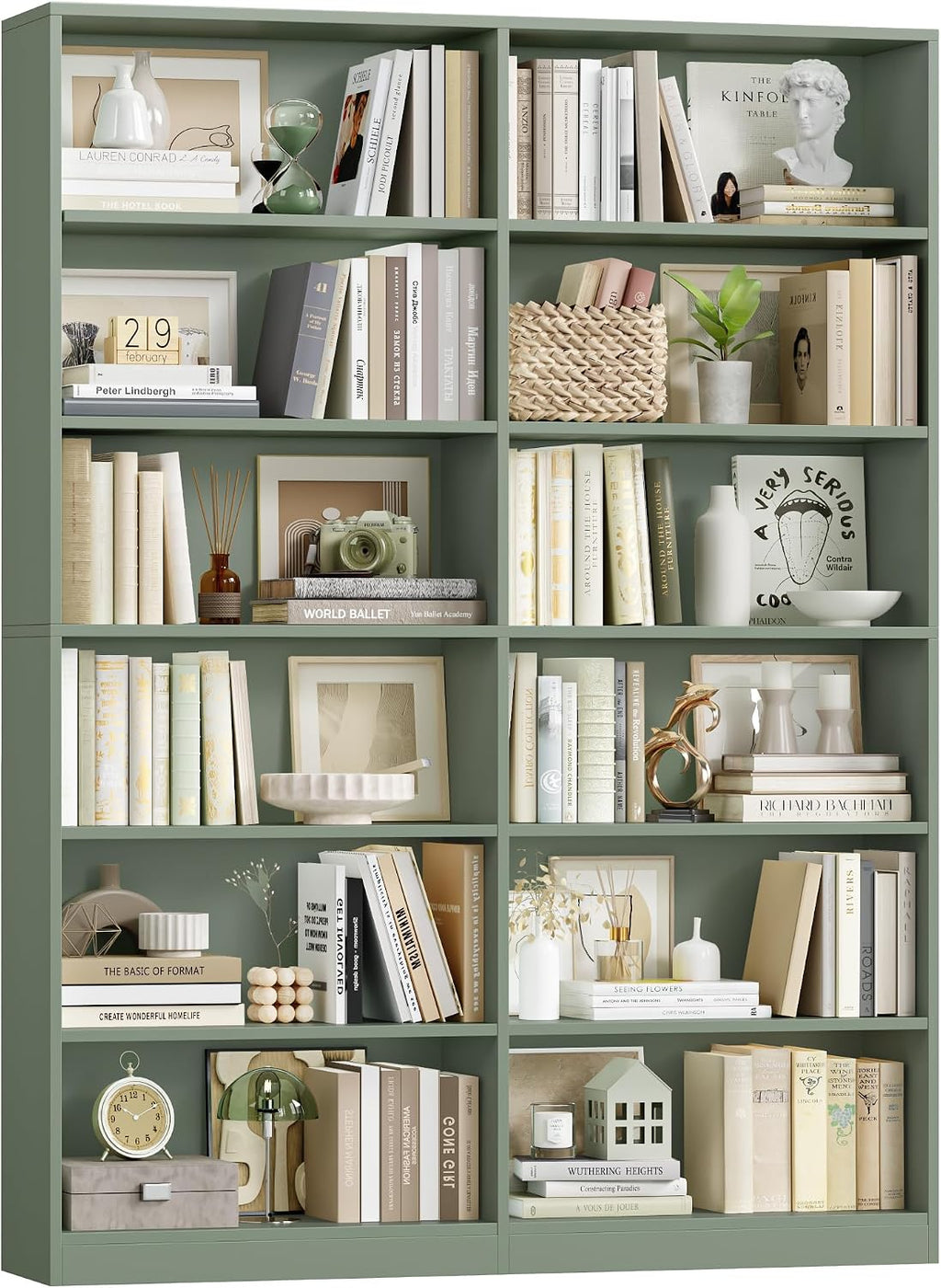 FACBOTALL Bookshelf and Bookcase, 6-Tier Double Wide Bookshelves, Freestanding Display Storage Shelves, Tall Bookcases for Home Decor Bedroom, Living Room, Home Office, Green