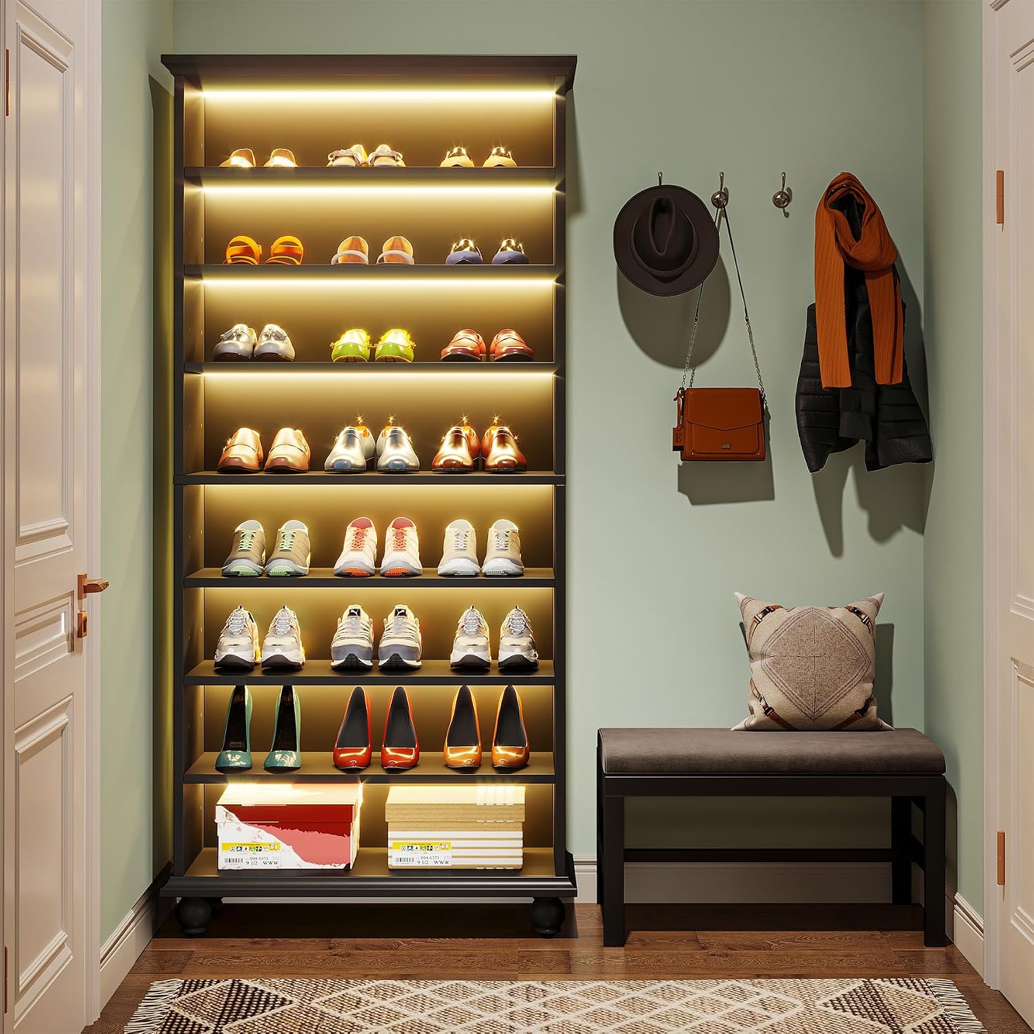 Tribesigns Narrow Tall Shoe Cabinet with LED Lighting, 9-Tier 30 Pairs Freestanding Shoes Storage Cabinet, Wood Shoe Organizer Cabinet with Solid Wooden Legs for Entryway (1, Black)
