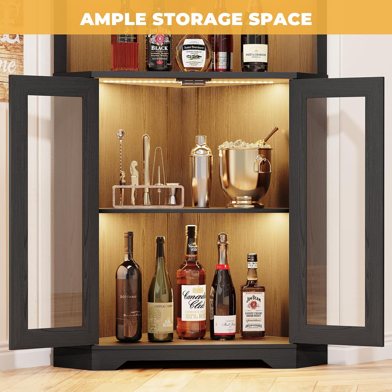 Corner Bar Cabinet with LED Lights, 65' Tall Wine Cabinet with Glass Holder & Tempered Glass Door, 4-Tier Liquor Alcohol Cabinet & Coffee Bar with Human Body Sensor for Dining Room, Black