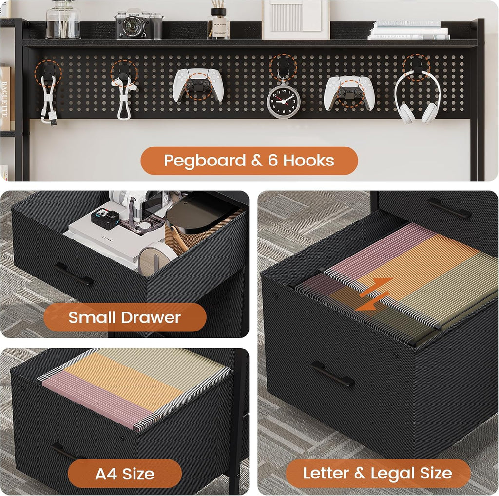 UPOSOJA Gaming Desk with Hutch, 65in Reversible Computer Desk with Power Outlets LED Light, Home Office Desk with Monitor Stand 2 Drawers 4 Storage Shelves Pegboard 8 Hooks Mouse Pad (Black)