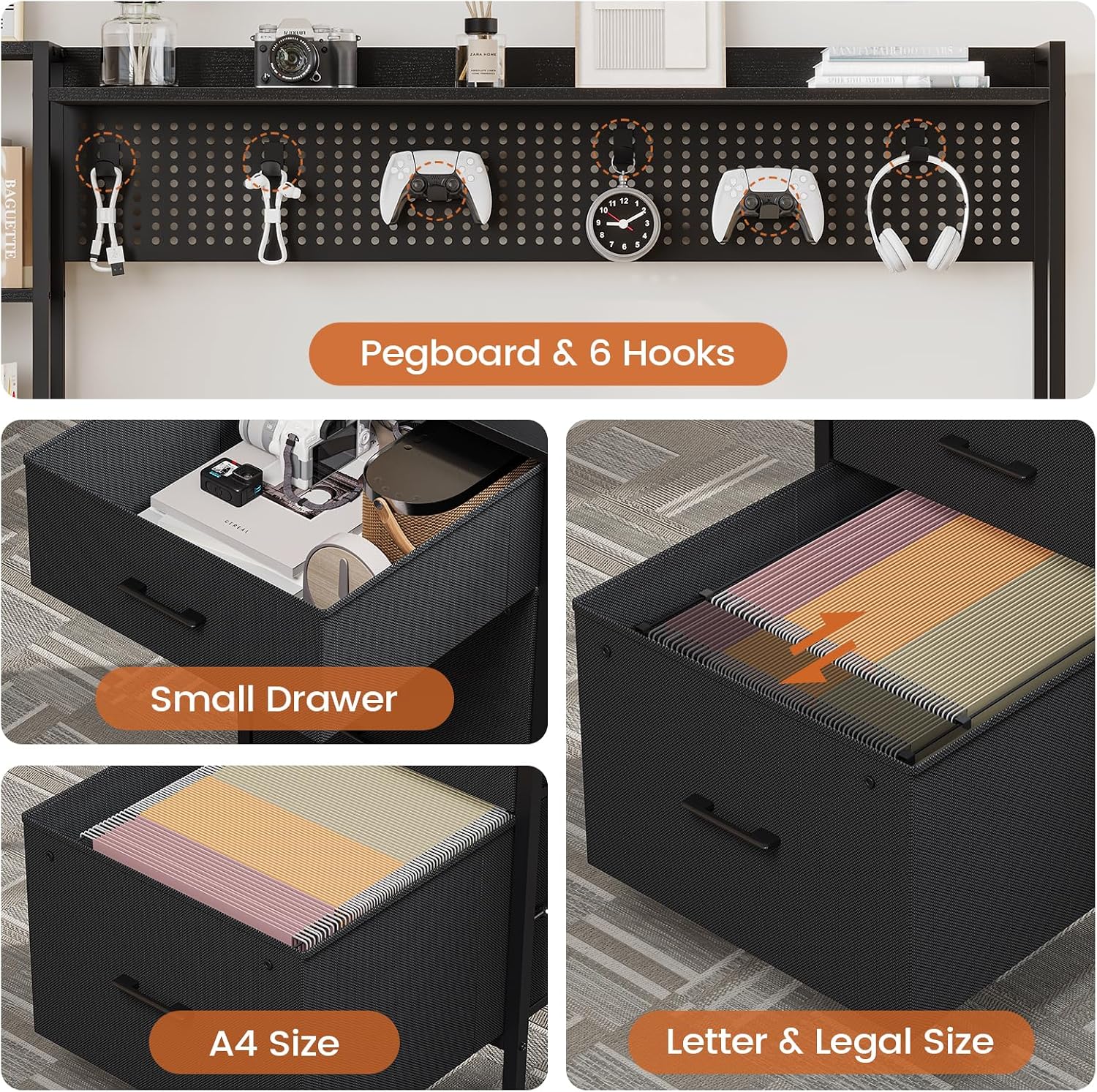 UPOSOJA Gaming Desk with Hutch, 65in Reversible Computer Desk with Power Outlets LED Light, Home Office Desk with Monitor Stand 2 Drawers 4 Storage Shelves Pegboard 8 Hooks Mouse Pad (Black)