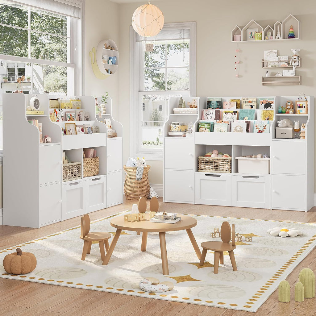 FINETONES Toy Storage Organizer, Large Toy Organizers and Storage with 8 Storage Cubbies and 2 Movable Drawers, Toy Shelf Organizer with 4 Display Shelves, 3-Tier Kids Bookshelf and Toy Storage