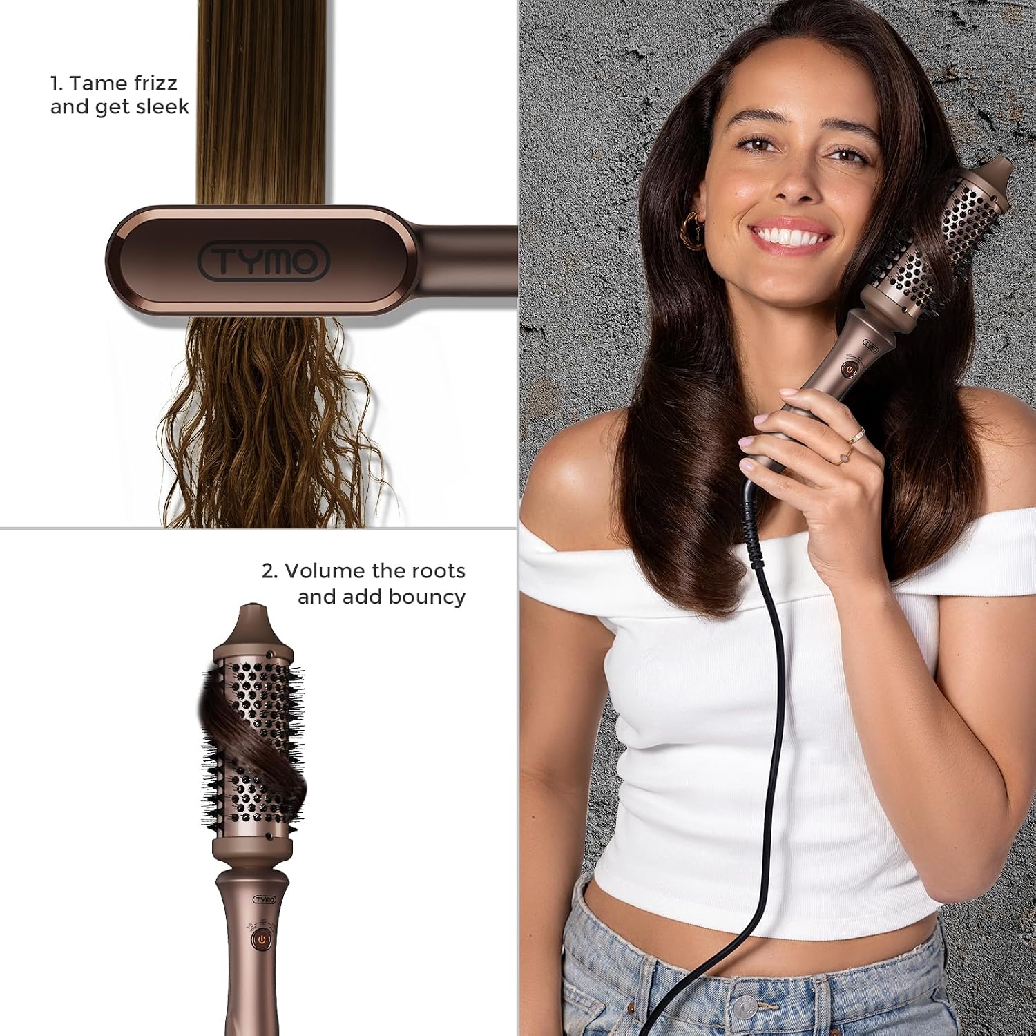 TYMO Limited Edition Styling Set - Include TYMO ROVY Hair Crimper Wave Curling Iron & Ring Plus Straightener Brush & STYLUX Thermal Brush, 3 in 1 Ionic Hair Curler Tool Set for Women