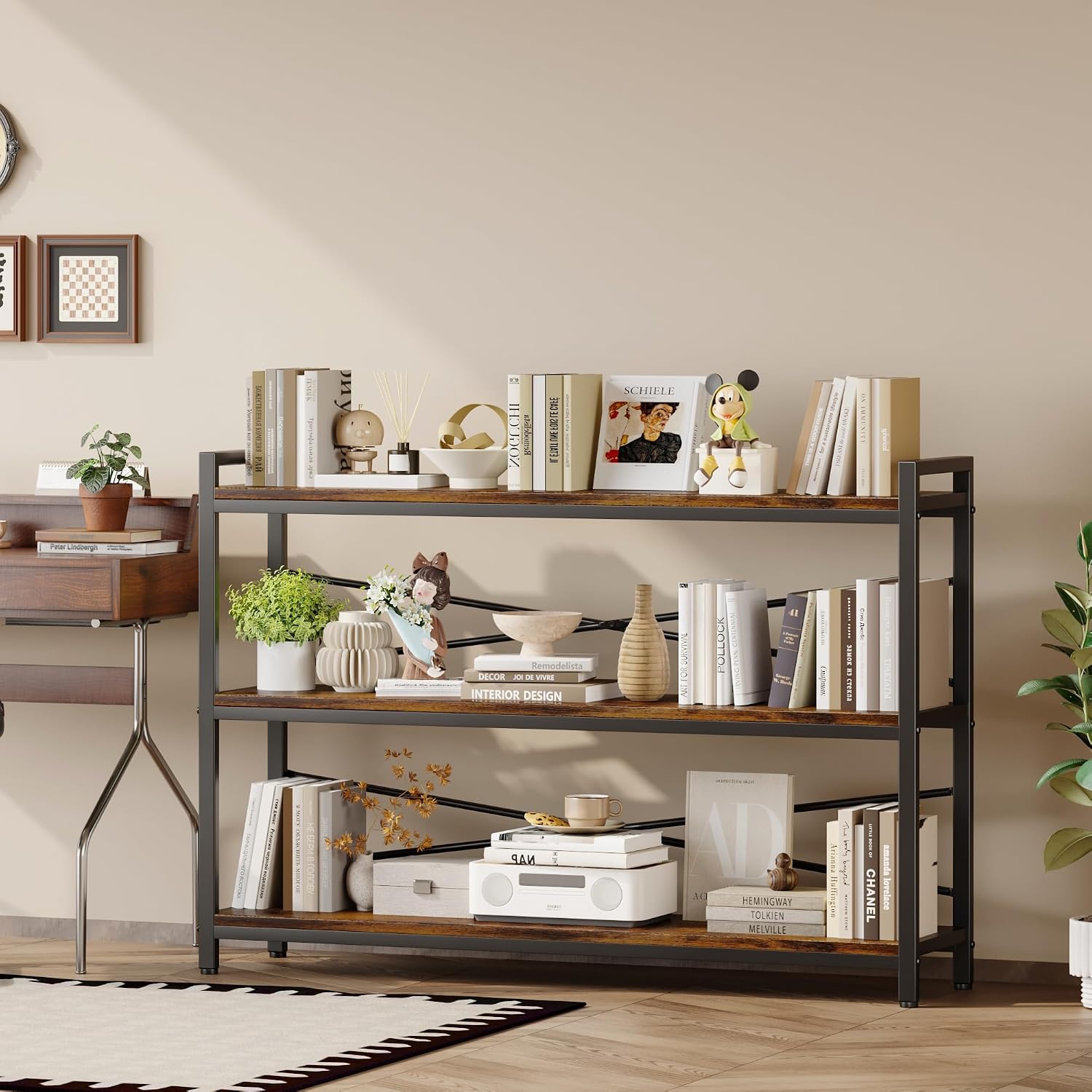 3 Tier Bookshelf 47.24' Width, Wood and Metal Etagere Bookcase, Vintage Farmhouse Modern Wooden Large Book Shelf for Home Living Room Bedroom Office Storage(Rustic Brown)