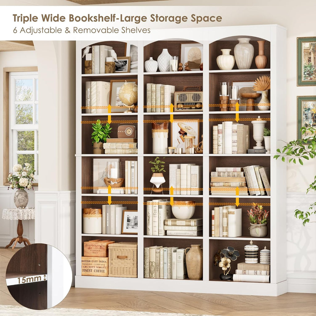 FACBOTALL 71' Triple Wide Bookshelf, 6 Tier Tall Bookshelf, Large Bookcase with Curved Baffle, 63.4' Wide Book Shelf with 18 Open Display Shelves for Living Room, Study, Walnut and White