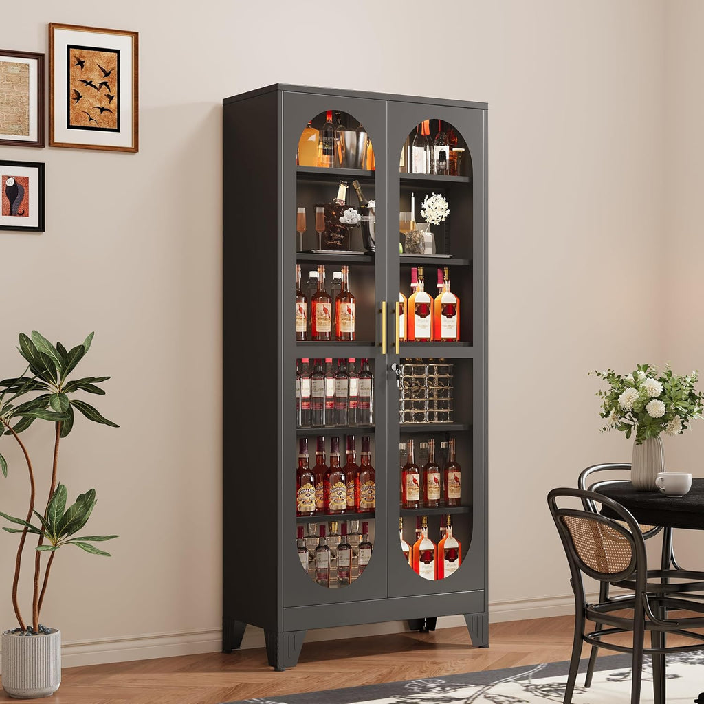 GAIOUS 74.8' Tall Metal Curio Cabinet, Display Cabinet with Glass Door, 6 Tier Liquor with 5 Adjustable Shelves, Locking Glass Display Case for Collectibles, Showcase Storage Cabinets, Black