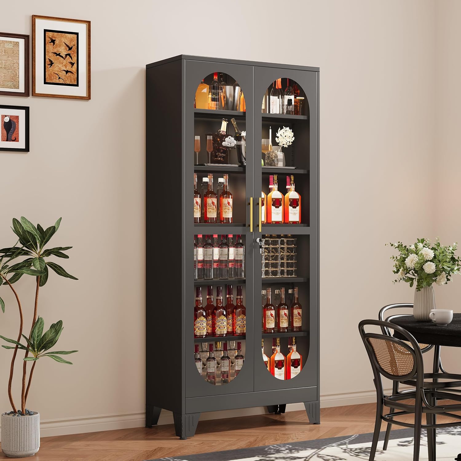 GAIOUS 74.8' Tall Metal Curio Cabinet, Display Cabinet with Glass Door, 6 Tier Liquor with 5 Adjustable Shelves, Locking Glass Display Case for Collectibles, Showcase Storage Cabinets, Black