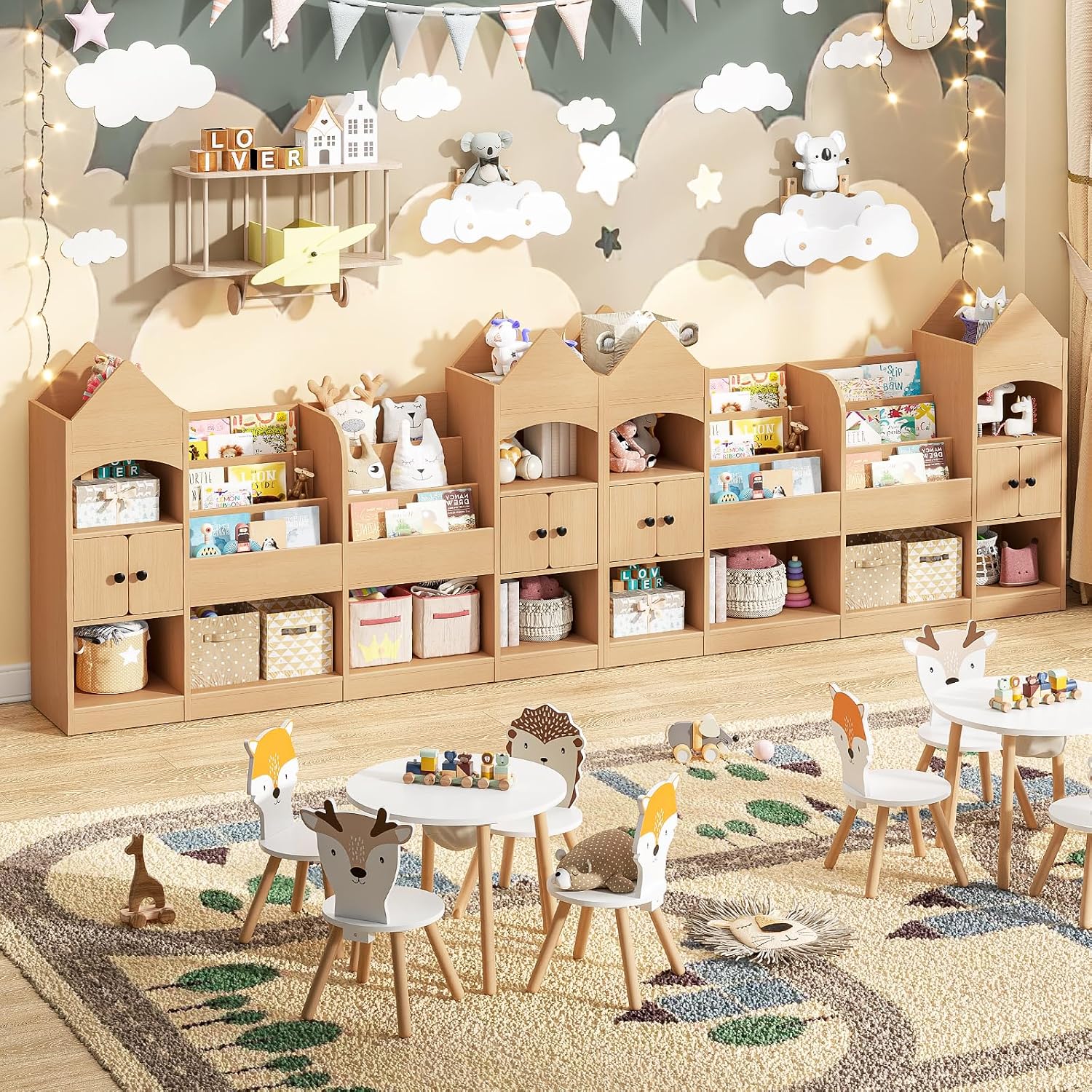 Vabches Castle Shape Children's Bookshelf, Kids Bookcase Display Case Kids Toy Storage Organizer Multifunctional Storage Cabinet Bookshelf Suitable for Playroom, Children's Room, Living Room, Oak