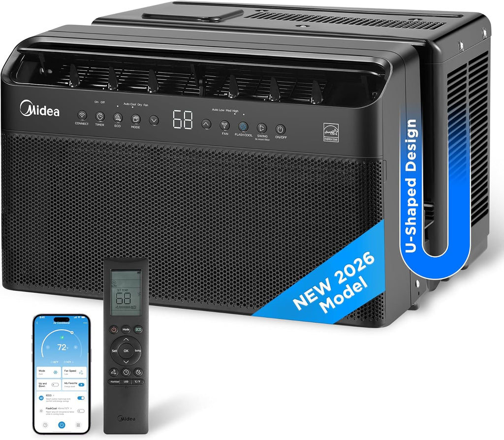 JET BLACK LIMITED EDITION Midea U Shaped Window Air Conditioner for Bedroom – 6000 BTU, Smart Control, Inverter Technology – Room Darkening Side Vents – Ultra Quiet Innovative Window-Friendly Design