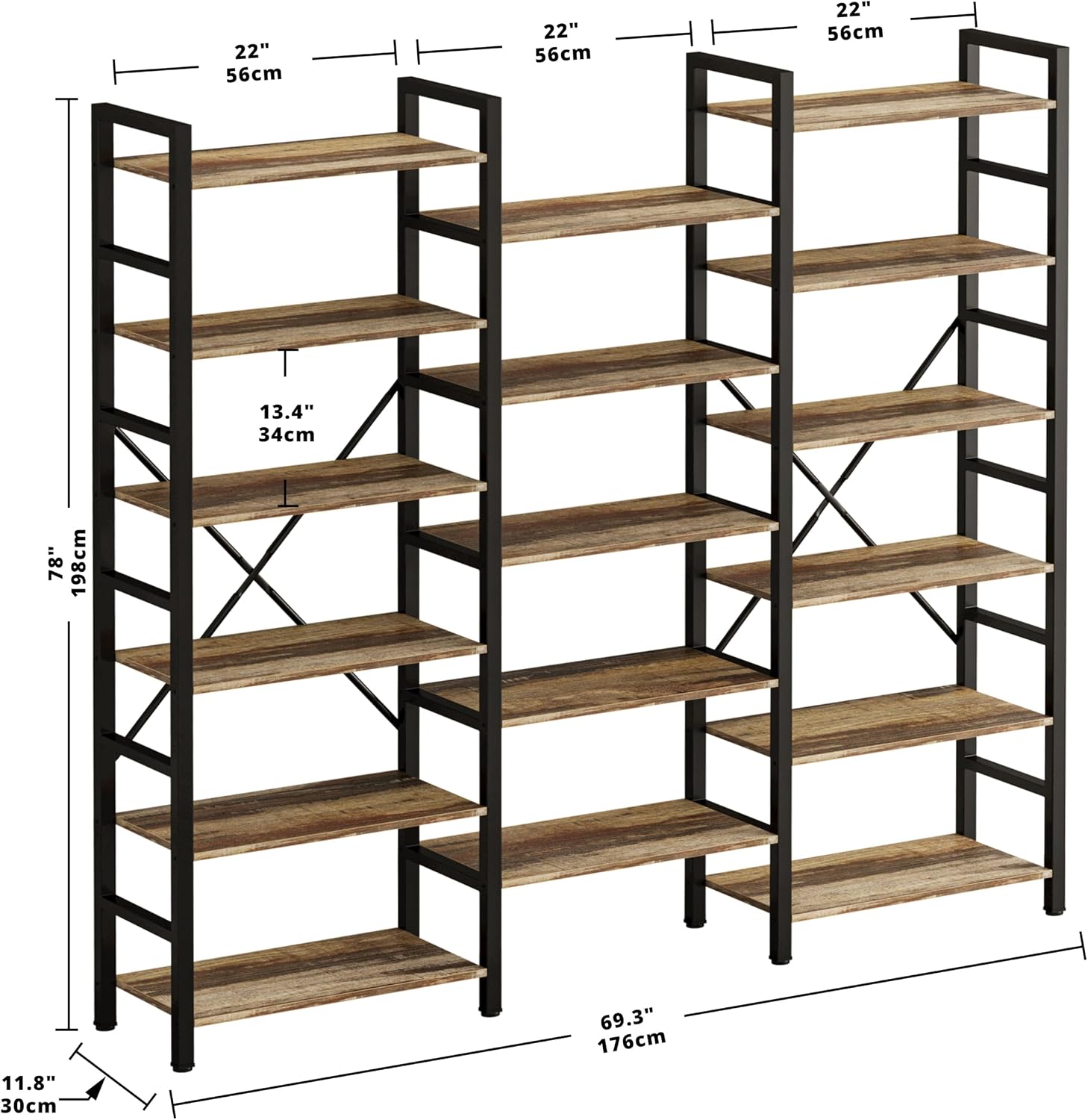 IRONCK Bookshelves 6 Tiers Triple Wide Industrial Bookshelf, Large Etagere Bookshelf Open Display Shelves with Metal Frame for Living Room Bedroom Home Office