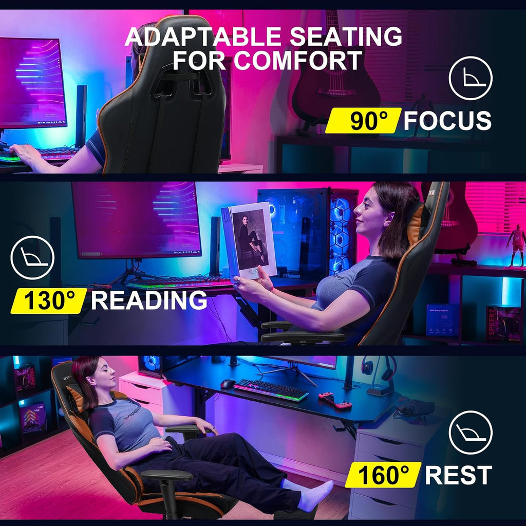GTPLAYER Gaming Chair with Footrest, Ergonomic Computer Game Desk Chair, Reclining Gaming Chair Seat Height Adjustment, Swivel Rocker with Headrest and Lumbar (Brown)