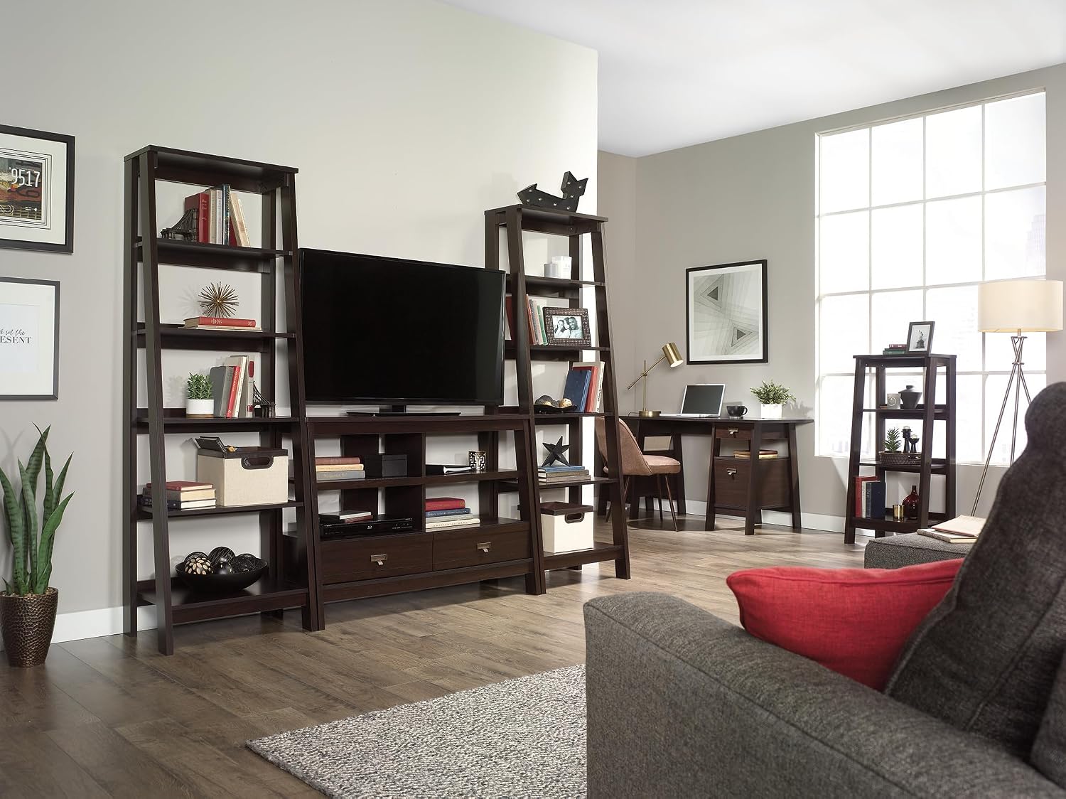 Sauder Ladder Bookshelf 5 Tier Trestle Ladder Shelf Wooden Bookcase, in Jamocha Wood