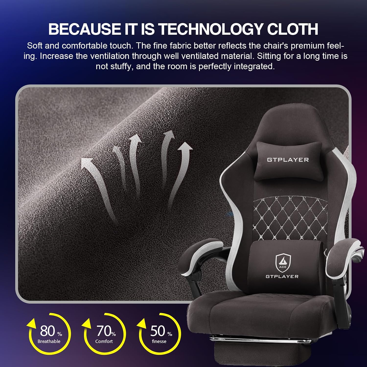 GTPLAYER Gaming Chair with Footrest Fabric Office Chair with Pocket Spring Cushion and Linkage Armrests, High Back Ergonomic Computer Chair with Lumbar Support Task Chair Brown