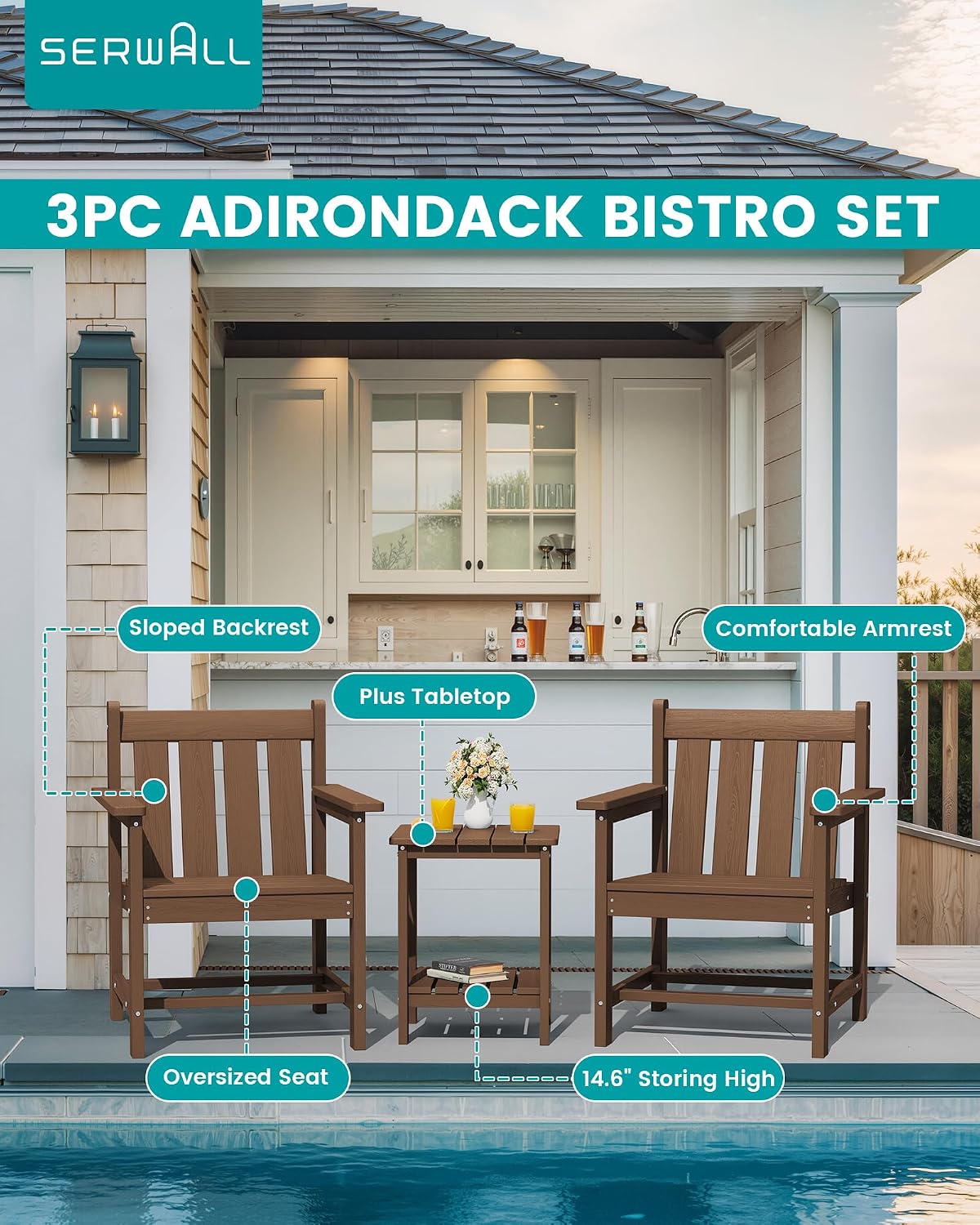 SEWRWALL 3 Pieces Patio Bistro Set, All Weather Adirondack Chair Set with Side Table, HDPE Material Outdoor Patio Furniture Set for Balcony, Porch, Garden, Backyard- Brown