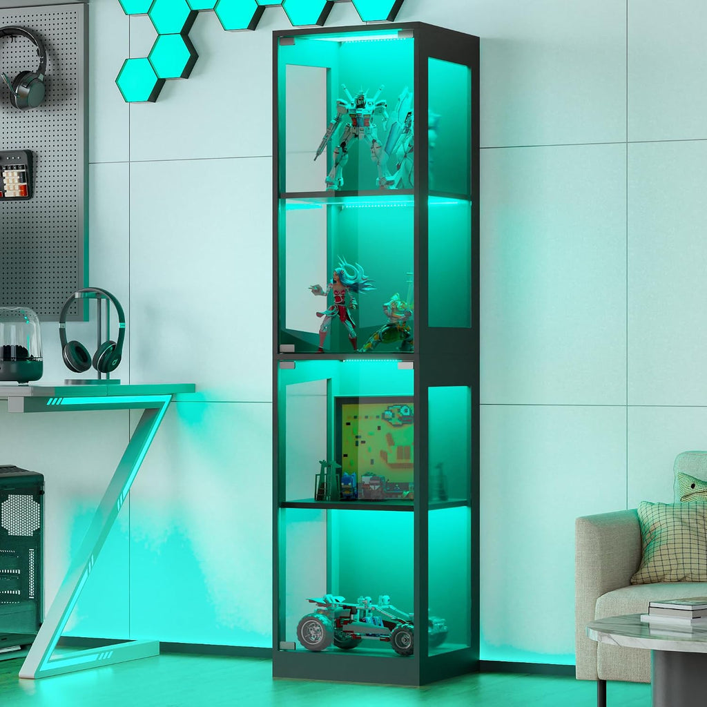 Grepatio Display Cabinet with Glass Doors, 4-Tier Display Case with RGB Lights, Glass Toy Display Cabinet for Collectible, Curio Cabinets Collectibles Display Shelf for Playroom, Living Room (Black)