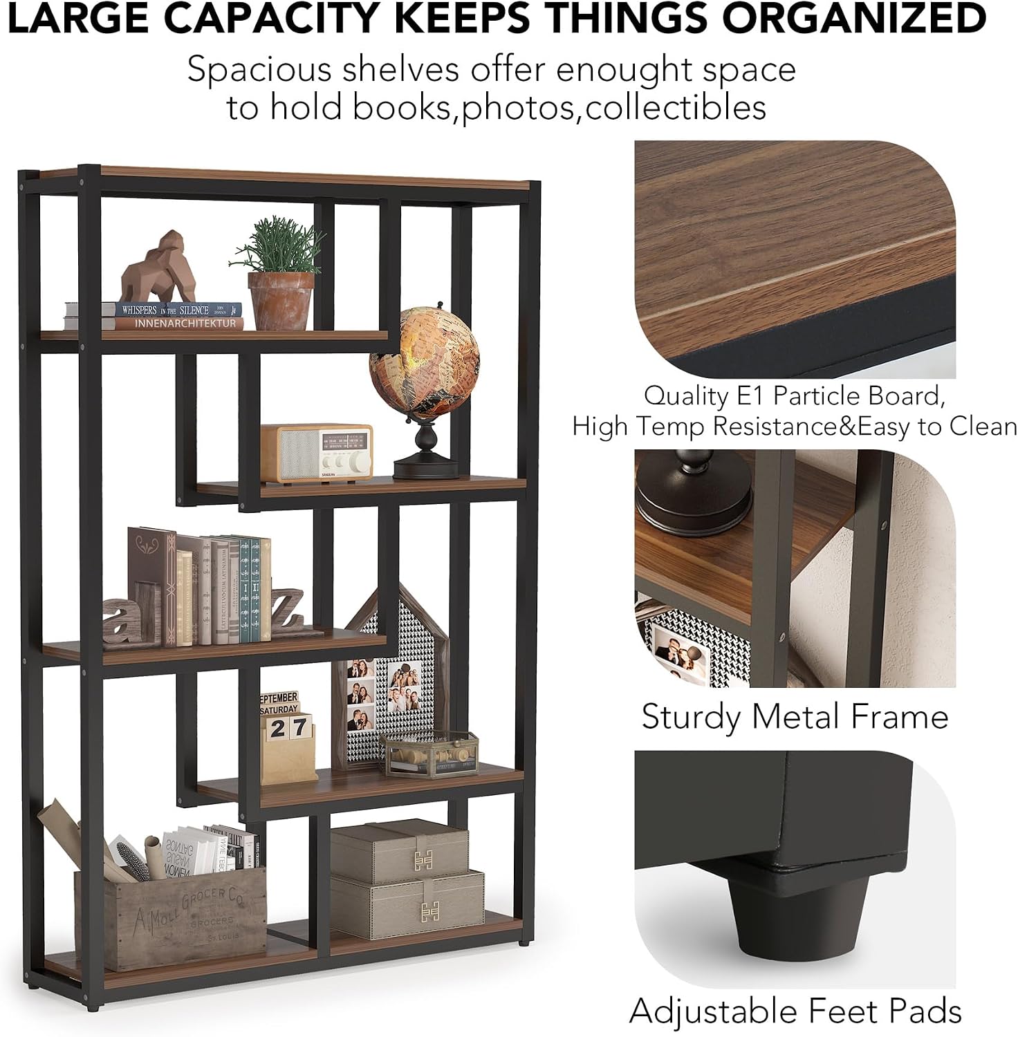 Tribesigns 6-Shelf Industrial Bookshelf Set of 2, Vintage Etagere Bookcase, 69 Inch Tall Storage Display Staggered Shelves with Sturdy Metal Frame for Home Office, Dark Walnut