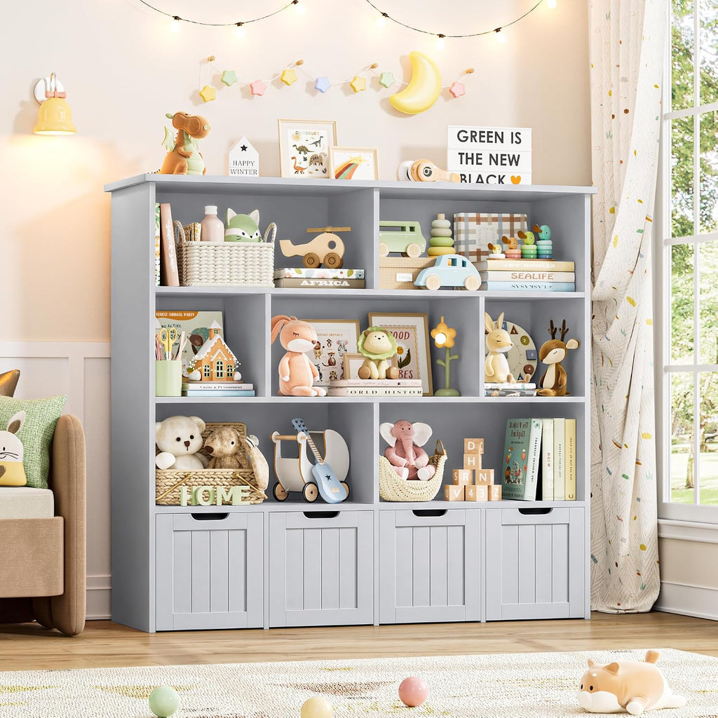 FINETONES Toy Storage Organizer, Kids Bookshelf with 4 Movable Chests and 7 Storage Cubes, Toy Chest Storage Shelf Organizer with Hidden Wheels, Toy Organizers and Toy Storage, Grey