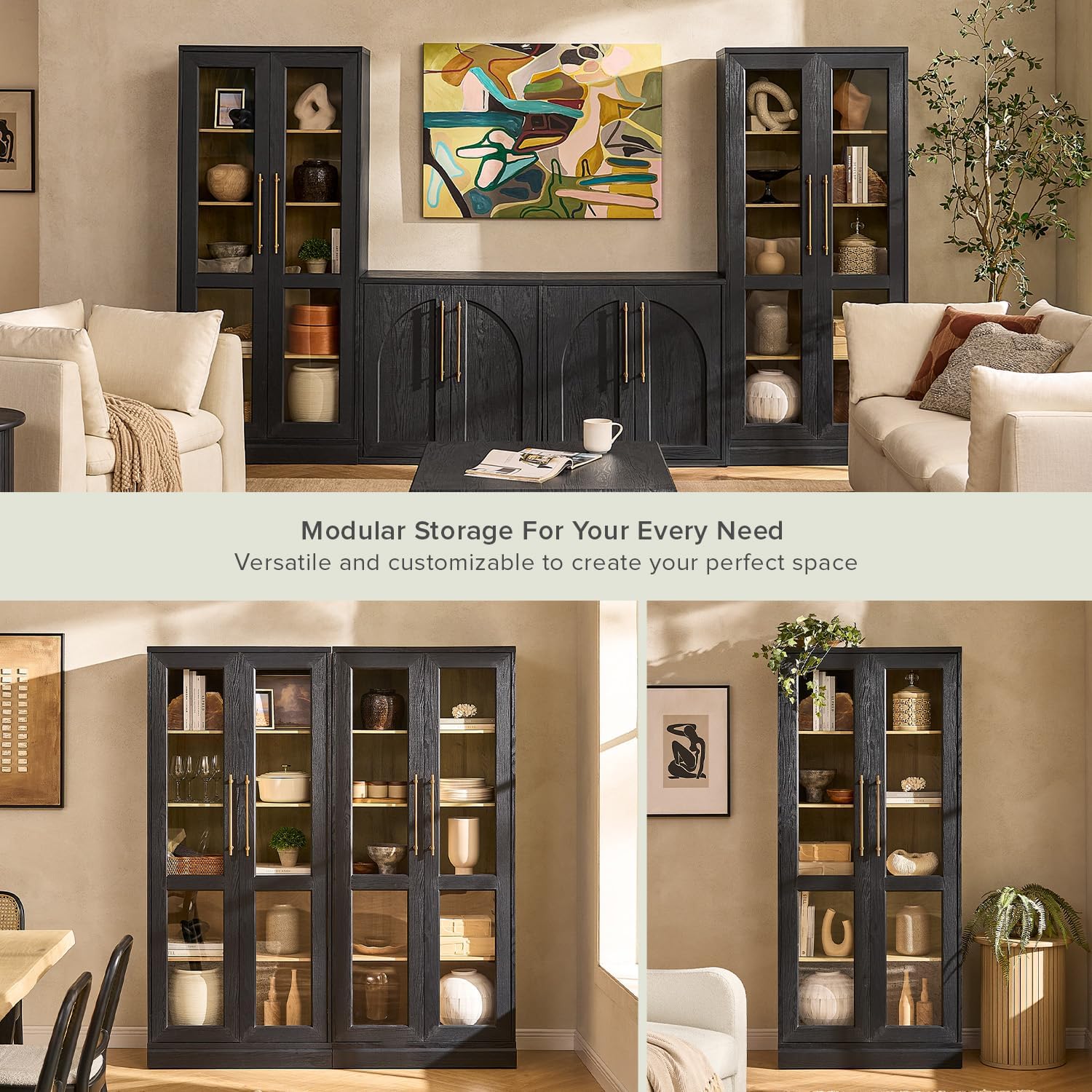 mopio Blake Tall Display Cabinet, Kitchen Buffet Pantry Cupboard, Trophy Display Case, Storage Cabinet Scratch Resistant Acrylic, Modern Farmhouse Curio Organizer (Black Oak Acrylic, Set of 2)