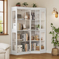 70.1' Large Corner Cabinet with Glass Doors,4 Tiers L-Shaped Storage Cabinet with 8 Shelves & Top Guard Rail，Corner Bookshelf for Living Room, Office, Kitchen，White
